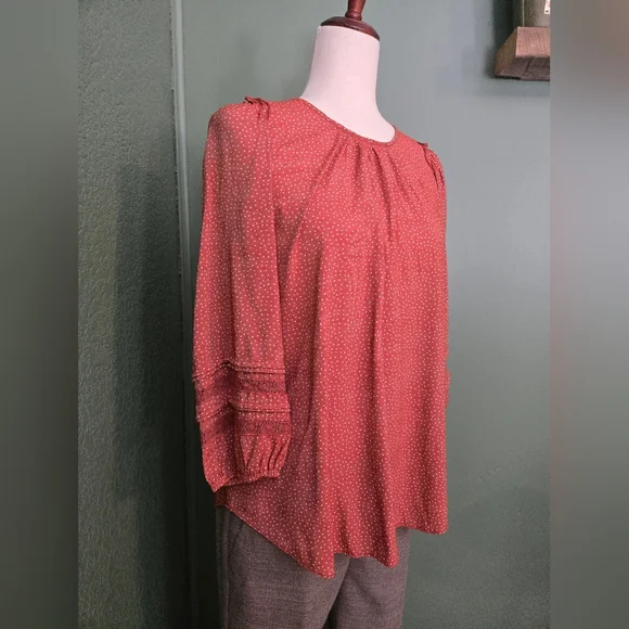 Size Large Lauren Conrad Burnt Umber Lace And Ruffle Trimmed 3/4 Sleeve Blouse - Picture 3 of 9